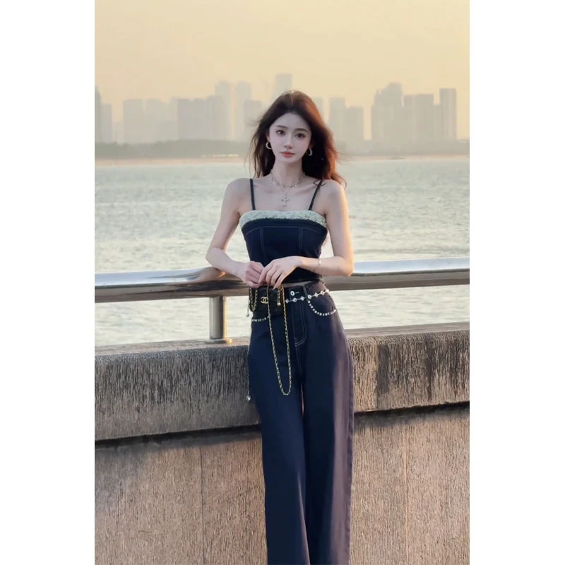 2025年夏季新款ins港风通勤修身显瘦牛仔吊带配高腰阔腿牛仔裤女