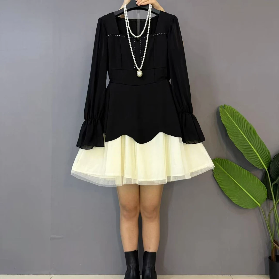 新款大码女装时尚洋气名媛气质方领拼接显瘦连衣裙