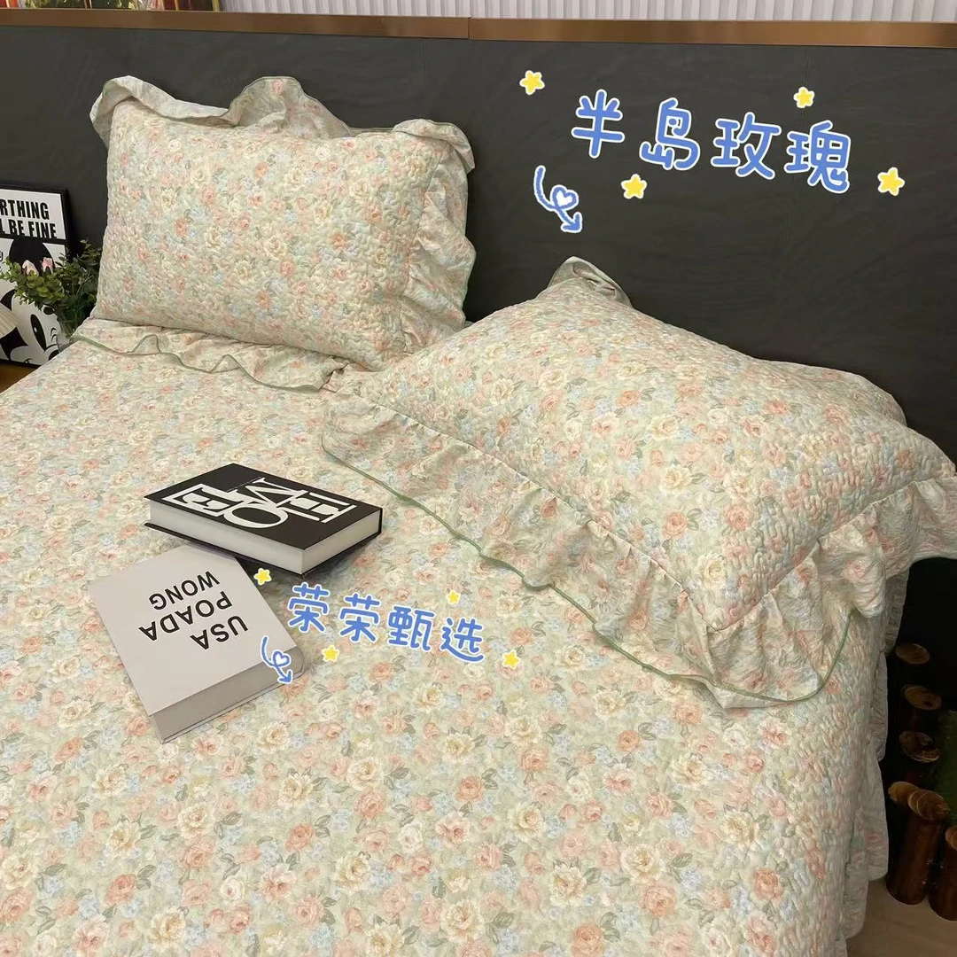 【RR荣荣】半岛玫瑰-皱皱纱双层纱加大床盖三件套亲肤舒适夹棉绗缝