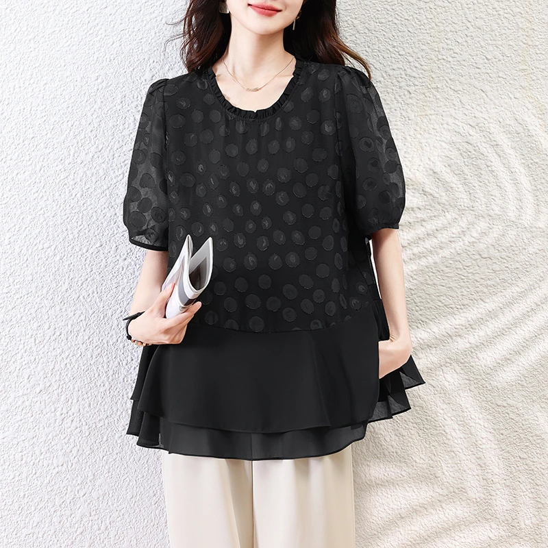 2025新款假两件短袖t恤女夏季洋气妈妈小衫大码宽松遮肚子雪纺衫