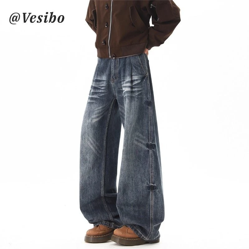 美式猫须水洗牛仔裤男冬季高街痞帅设计感裤子潮牌复古做旧阔腿裤