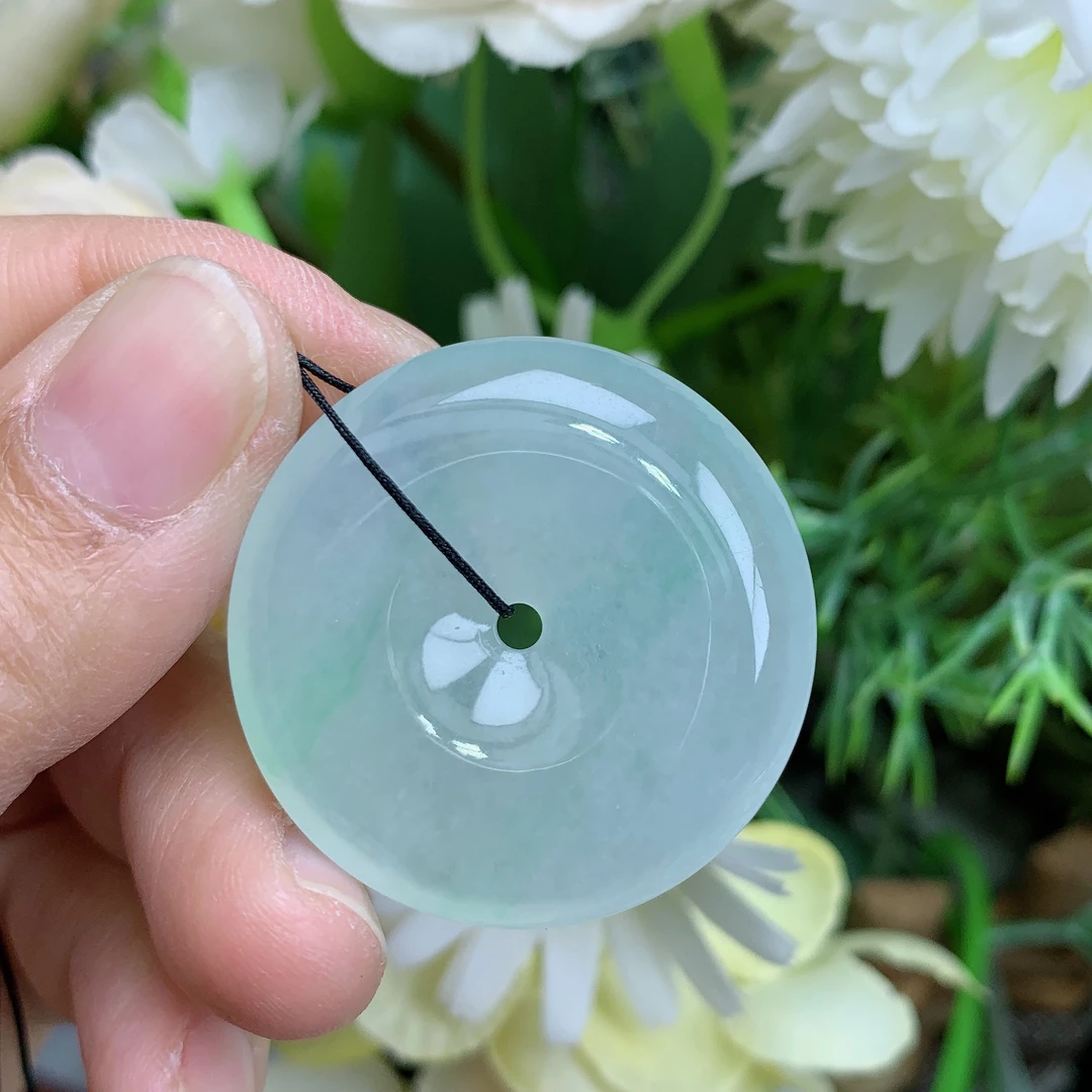 缅甸天然翡翠A货高冰起光飘阳绿饱满平安扣吊坠燕尺寸32.6/7mm