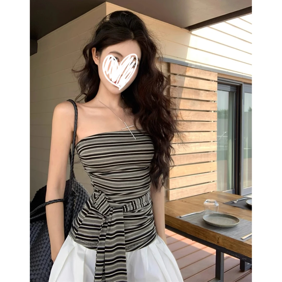 复古撞色条纹露背抹胸背心女夏季绑带修身无袖外穿设计感辣妹上衣