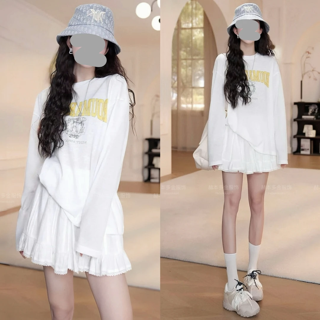 洋气衣服女夏季百搭字母长袖防晒上衣T恤花边蛋糕短裙气质套装女