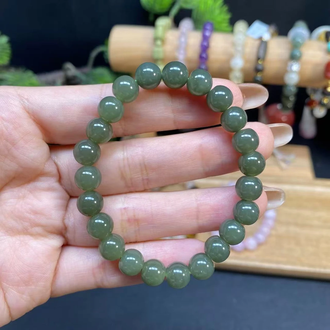 【和田玉睛水8m手串】A869素圈女士单圈手串珠绿色精美微瑕