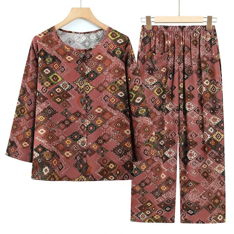 奶奶夏装长袖套装老人妈妈老太太棉绸两件套中老年人开衫薄衣服女