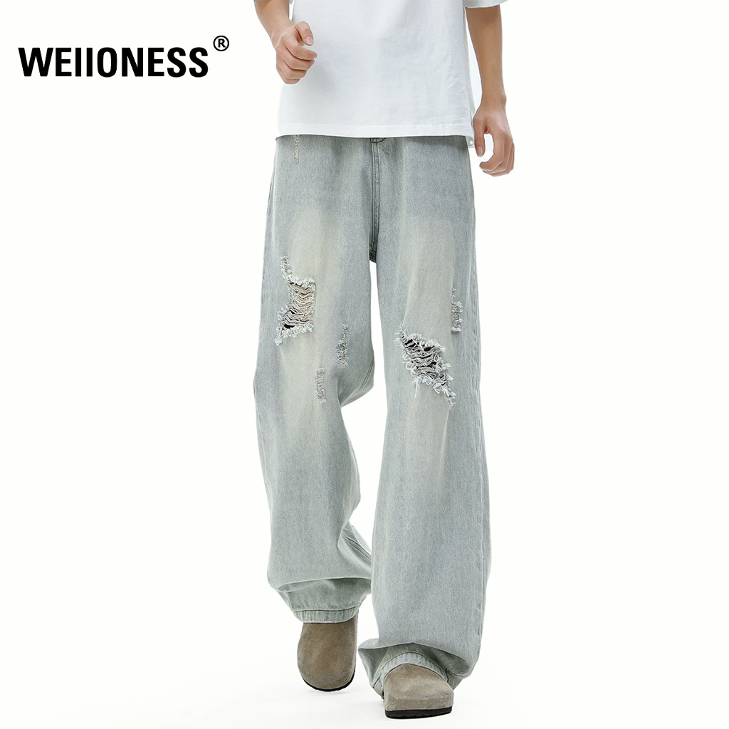 WEIIONESS牛仔裤男士夏季水洗做旧破洞磨毛直筒长裤轻奢痞帅男装