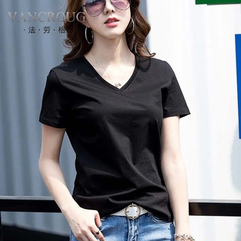 法劳格丝光棉短袖t恤女装夏季黑色V领修身棉体恤冰丝温婉大方衣服