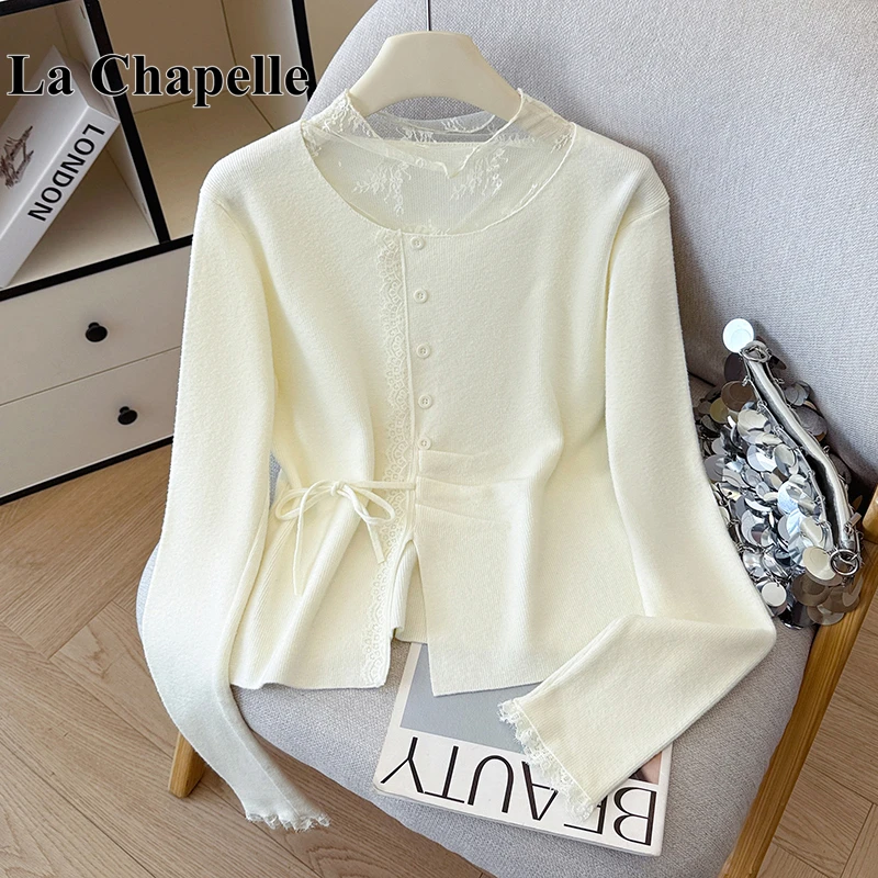 拉夏贝尔减龄假两件加厚针织毛衣女秋冬款时尚设计感蕾丝拼接上衣
