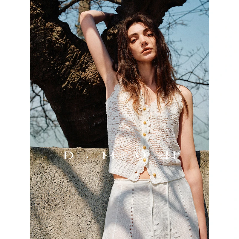 DMON｜獨家定纺_日本和纸纱V领钩针提花精致法式针织背心