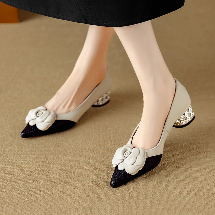 3.8cm~中跟粗跟女鞋优雅山茶花尖头单鞋浅口气质不累脚拼色小香风