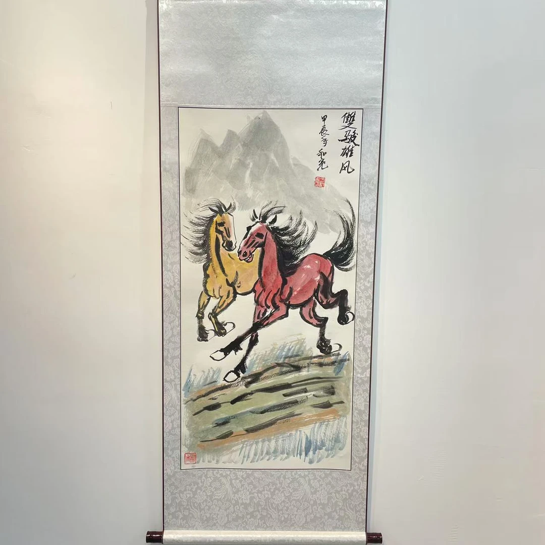手绘《双骏雄风》纯手工装裱高130cm宽50cm