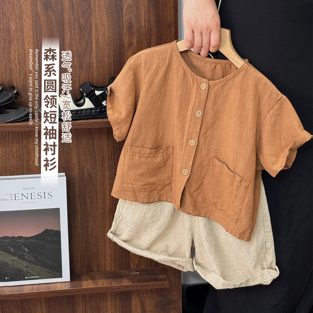 《夏上新》小众复古森系男童女童圆领贴布口袋衬衫短袖薄款25XL1143