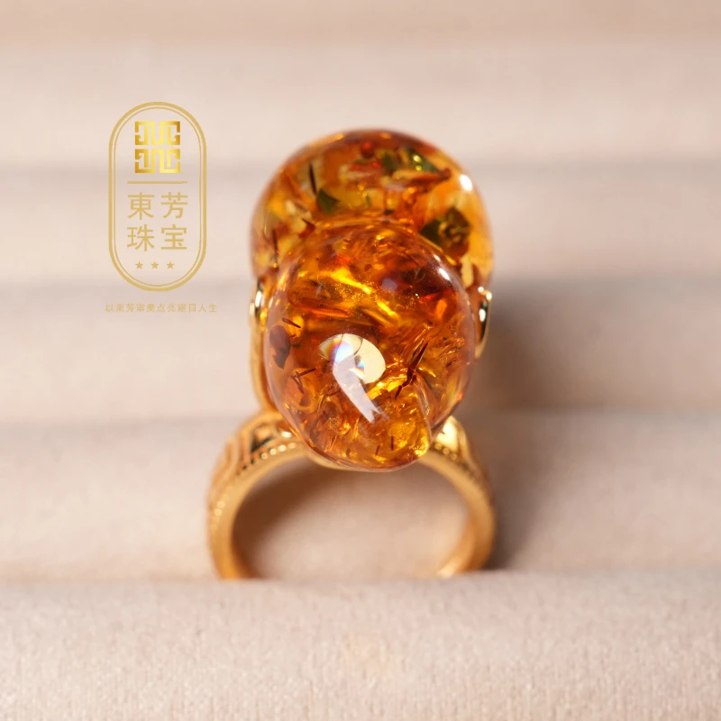 東芳珠宝-俄罗斯天然花珀戒指琥珀葫芦戒指开口戒百搭时尚