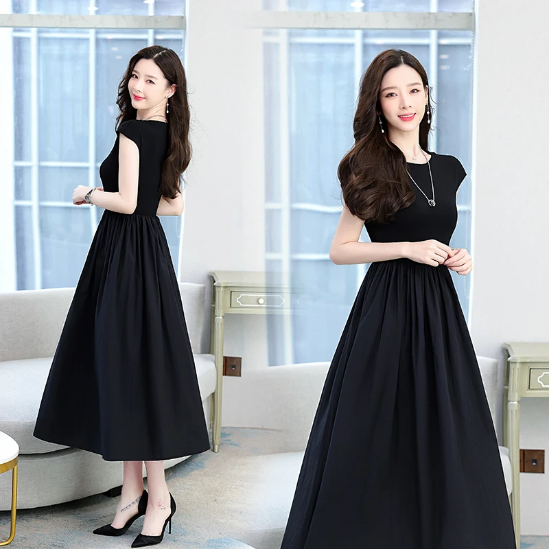 高级感赫本风小黑裙法式连衣裙2025夏新款短袖针织拼接显瘦女长裙