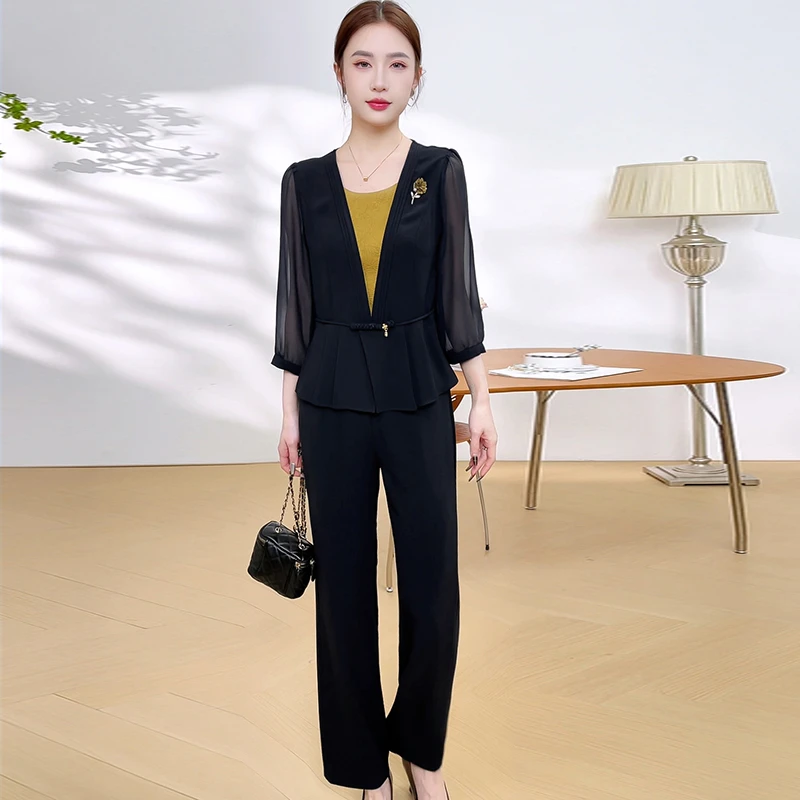小衫长裤两件套女显瘦气质时尚夏季洋气高腰休闲黑色减龄修身套装