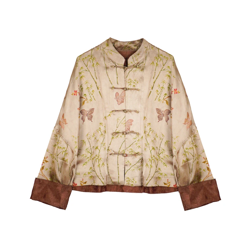 LL 2025新款蝴蝶纷飞香槟金色国风立领盘扣提花上衣 2522-4