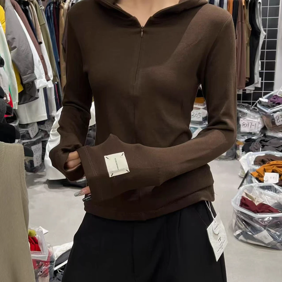 8291#连帽设计贴标加绒长袖打底衫针织开衫修身女士时尚纯色拉链