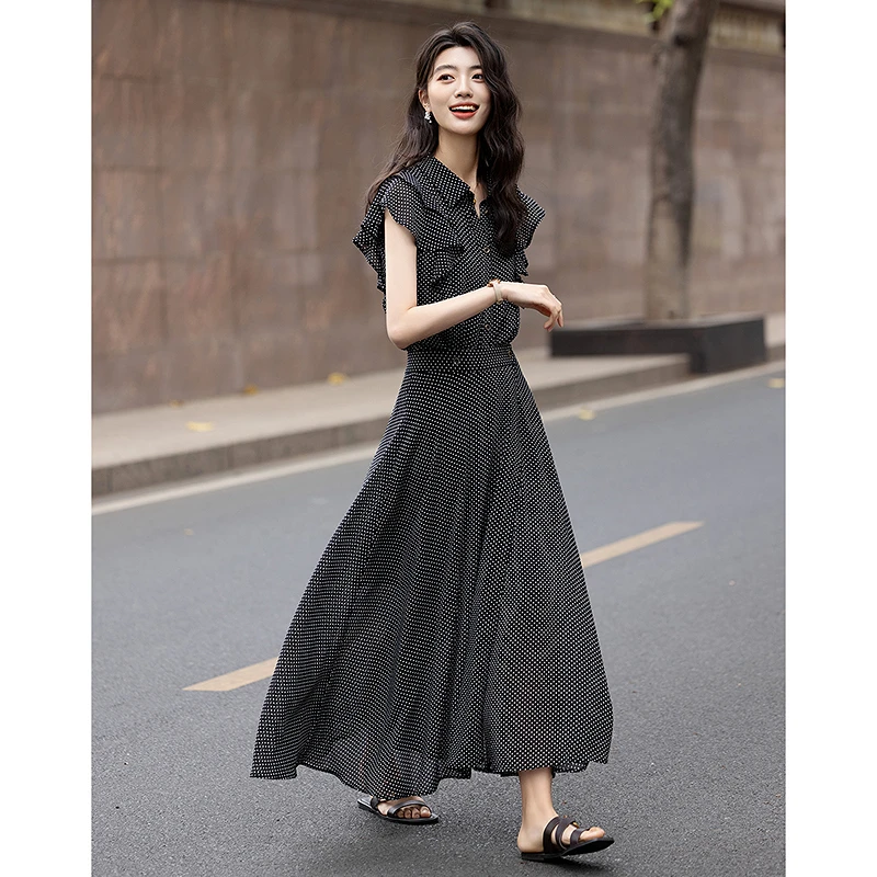 品牌女装德·玛纳波点名媛套装夏季荷叶袖上衣高腰半身裙女两件套