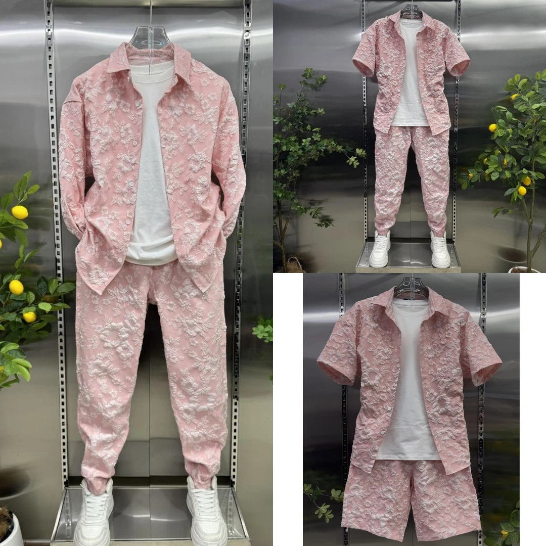 春夏季小香风纯色两件套时尚衬衫裤子一整身高品质休闲潮男穿搭