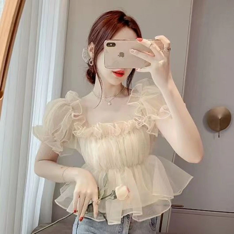 爆纯欲风一字肩上衣2023新款夏洋气小衫万人迷显瘦雪纺遮肚子雪纺
