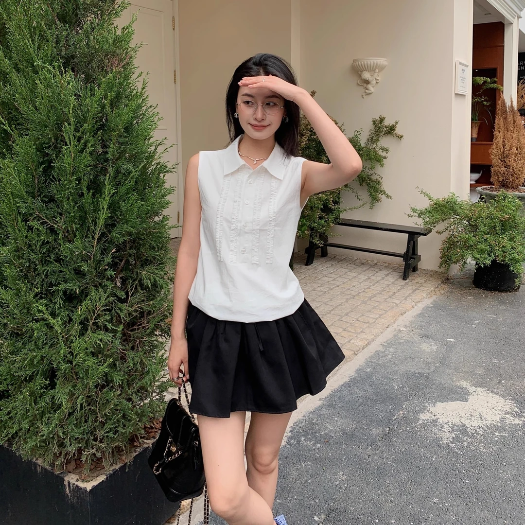 【迷雾小苍白】木耳边压褶半开领轻薄透气松紧下摆休闲无袖衬衫上衣