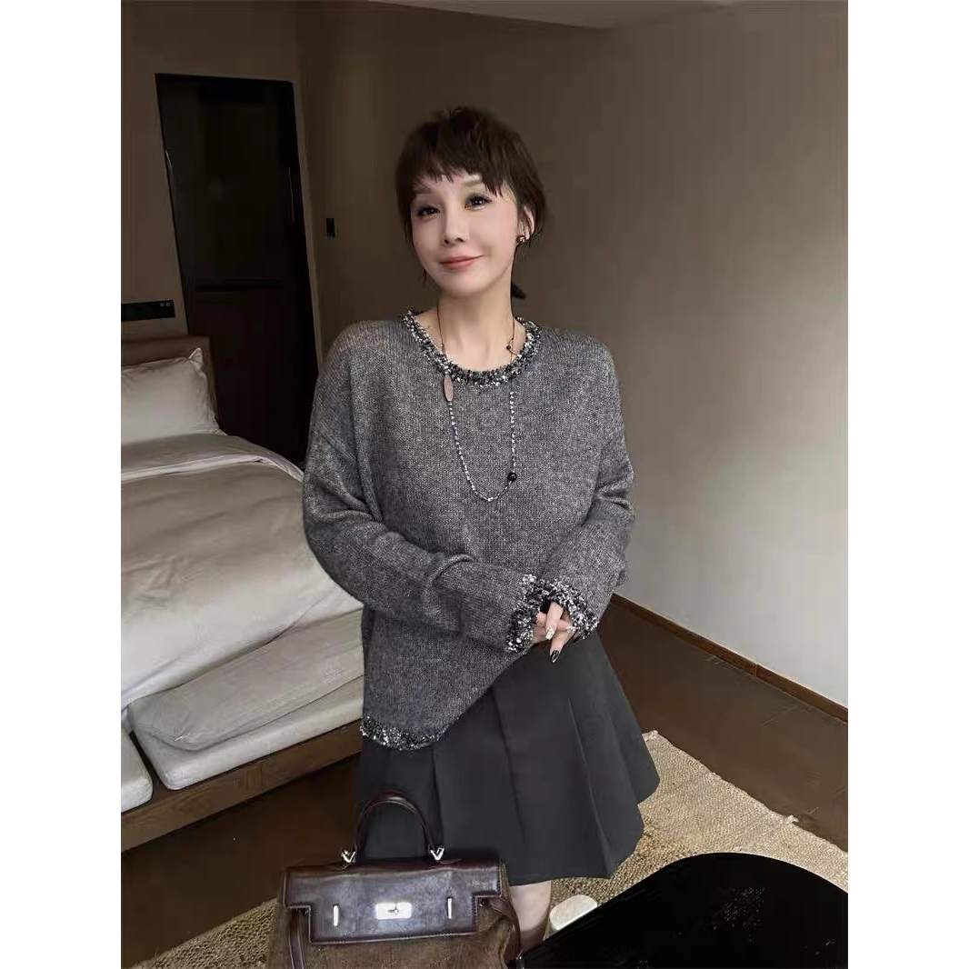 /绒边套头/圆领做旧毛须纯色百搭长袖针织衫毛衣CM71