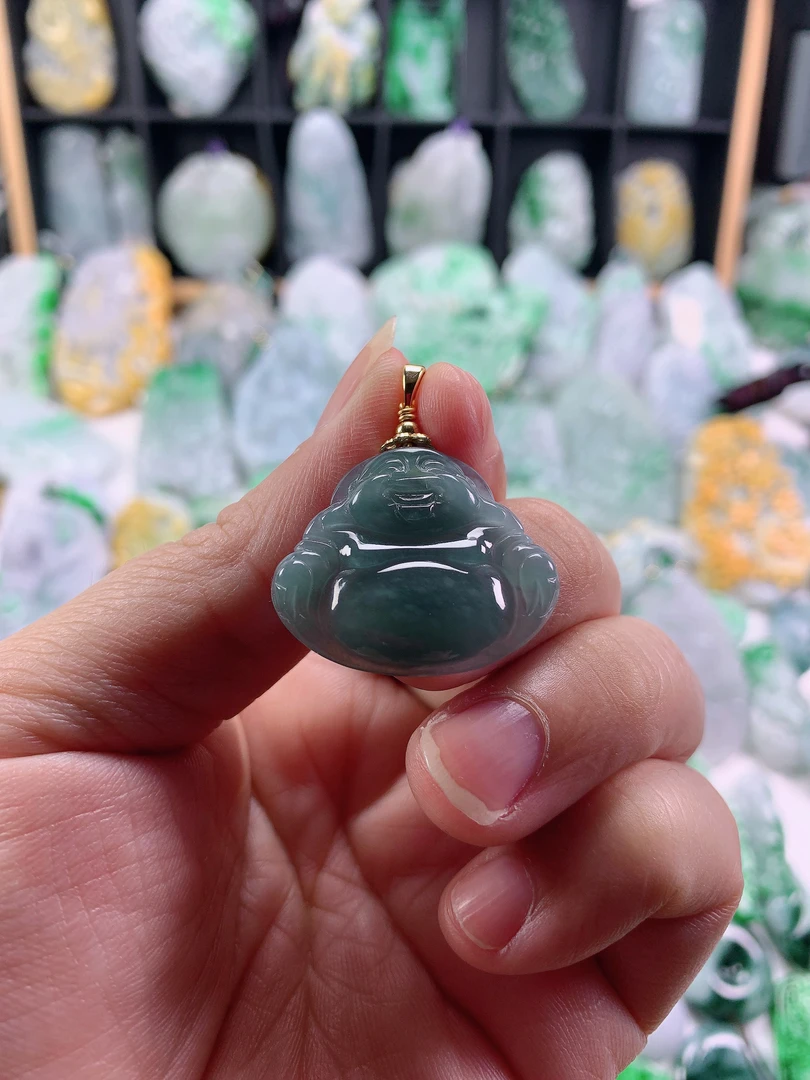 天然A货翡翠冰蓝水佛公吊坠尺寸：29.1-25.3-4.6