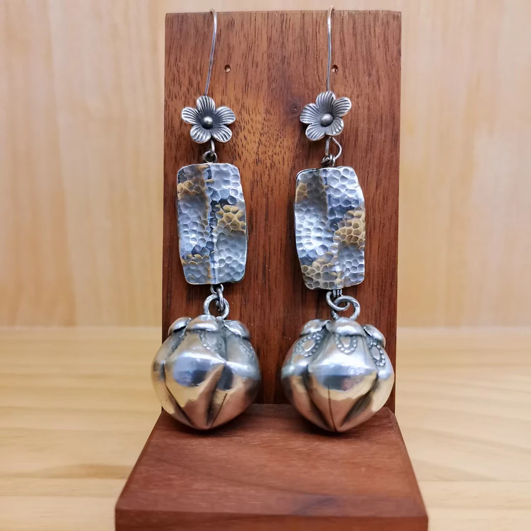 925银耳饰 925银柿柿如意耳环手工女复做旧民族风个性小众银饰品