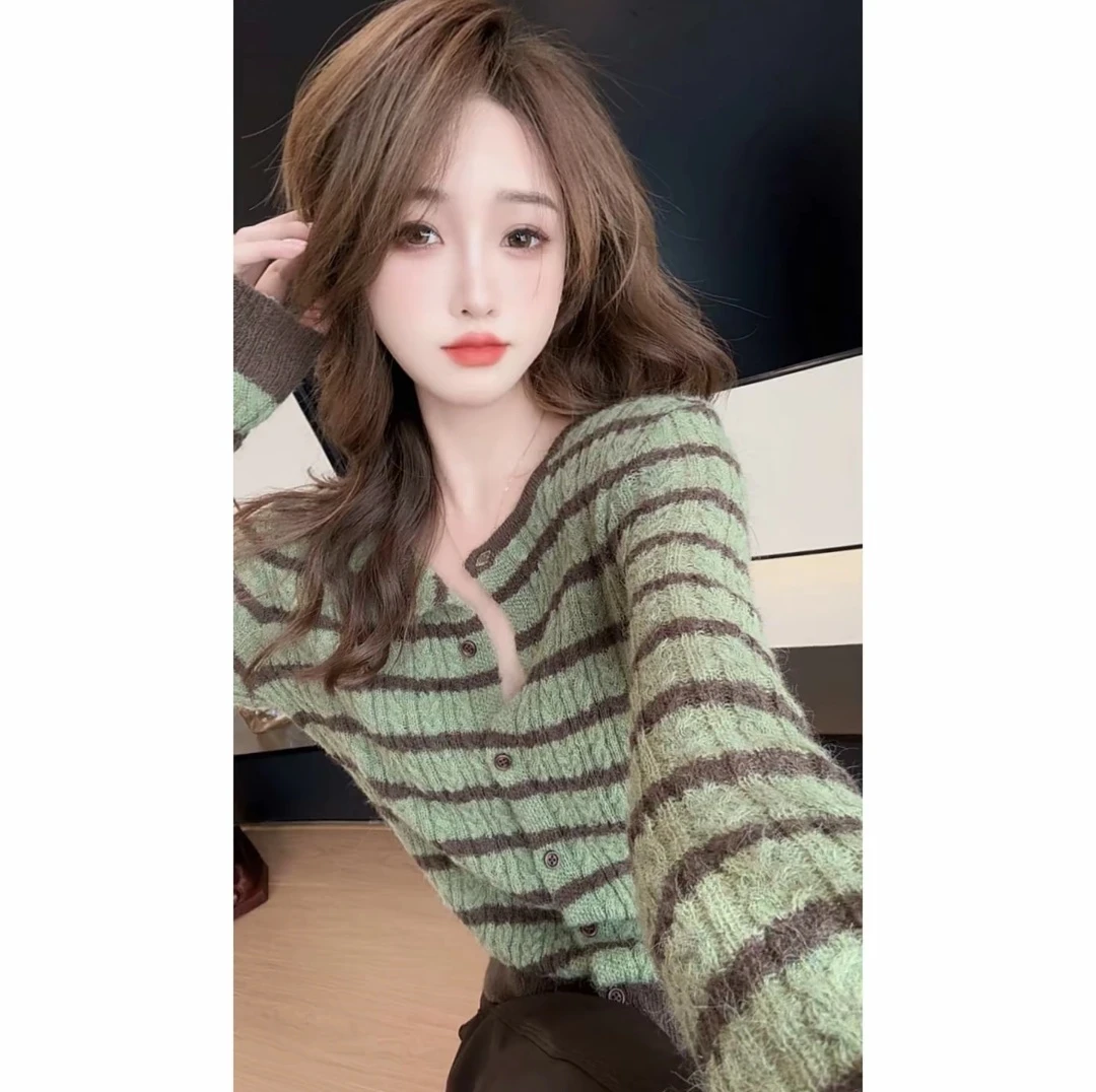 毛针织衫时尚套头法式长袖条纹秋季通勤风开衫针织百搭