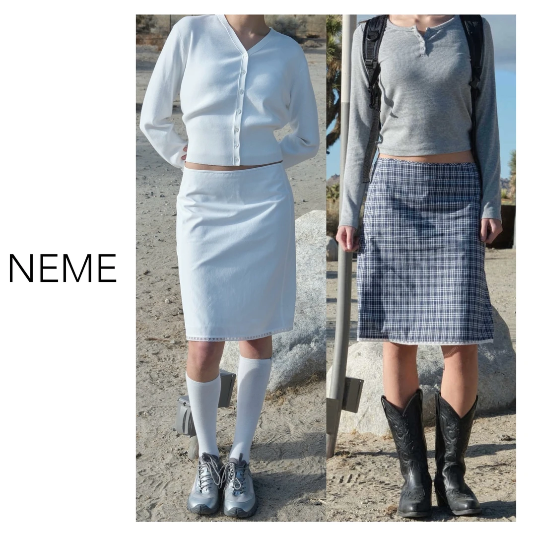 NEME 2025 春夏格子裙蕾丝摆显瘦纯色a字百搭舒服半身裙