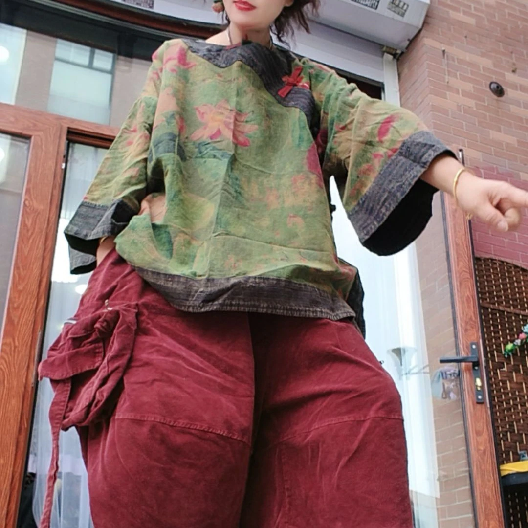 无吊牌磨白做旧荷花拼老布边盘扣衫上衣随机发花形