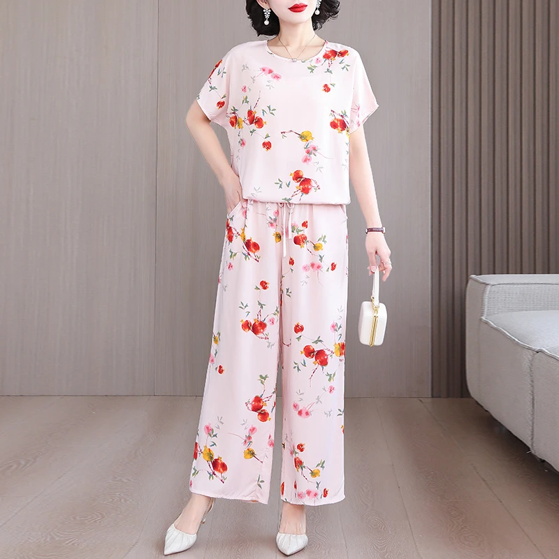 撤柜高端中年妈妈夏装套装女短袖洋气夏季棉绸阔腿裤大码宽松衣服