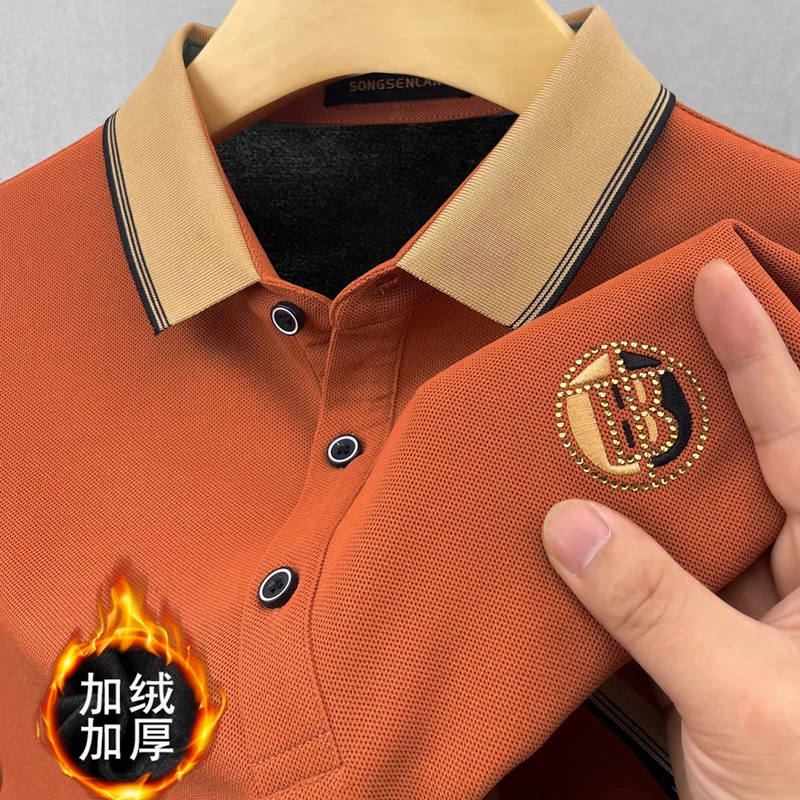 秋冬新款高档男士加绒加厚POLO衫商务翻领长袖T恤大码保暖打底衫
