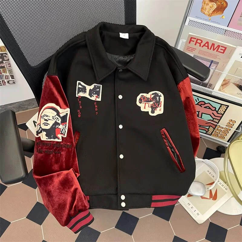 重工贴布刺绣棒球服男女潮牌vibe麂皮绒夹克秋季美式宽松拼接外套