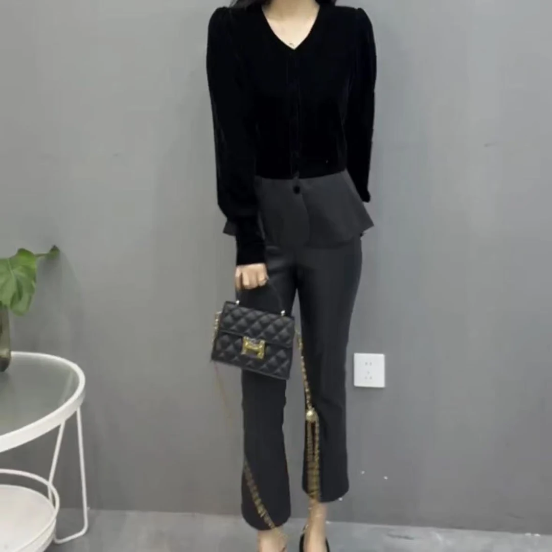 【上衣+皮裤】秋冬时尚气质套装法式显瘦长袖网红洋气百搭两件套女