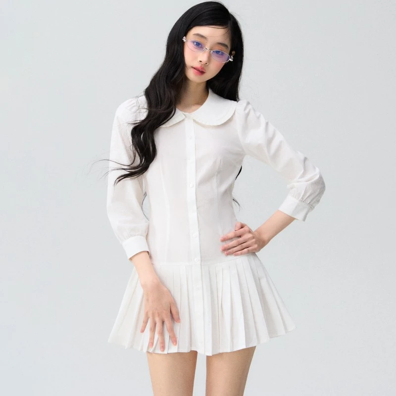 OIOI ESSE 春夏新款七分袖小白花衬衫式纽扣百褶连衣裙