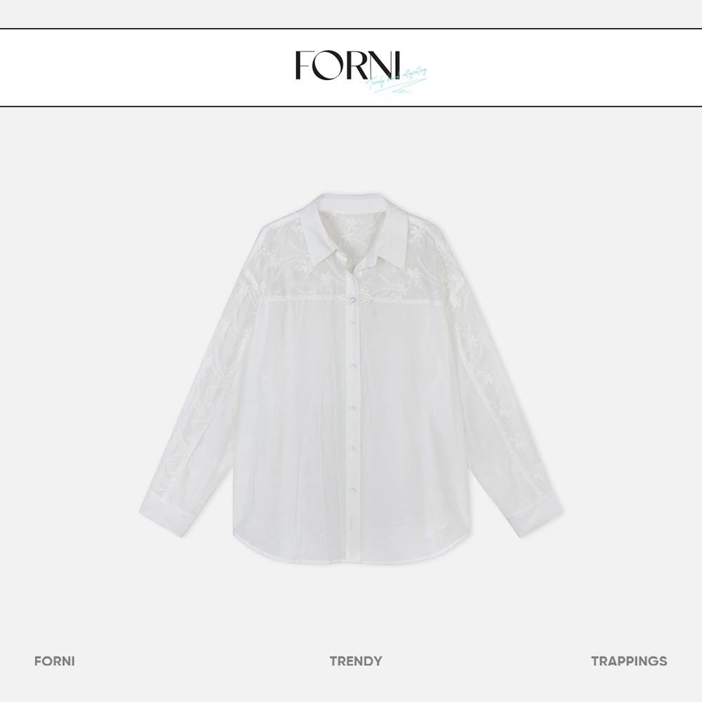 FORNI x YOYO 初恋协奏曲 莱赛尔蕾丝花纹衬衫长袖白色时尚翻领