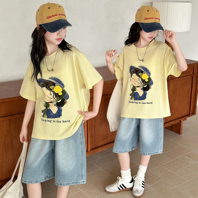 童装女童夏季新款时尚短袖T恤儿童中大童6-12-15休闲薄款牛仔中裤