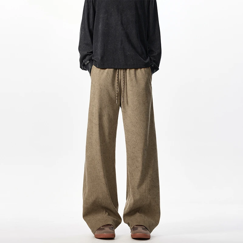 斜切棕色vintage裤子男款美拉德日系复古直筒宽松暗纹理休闲裤潮