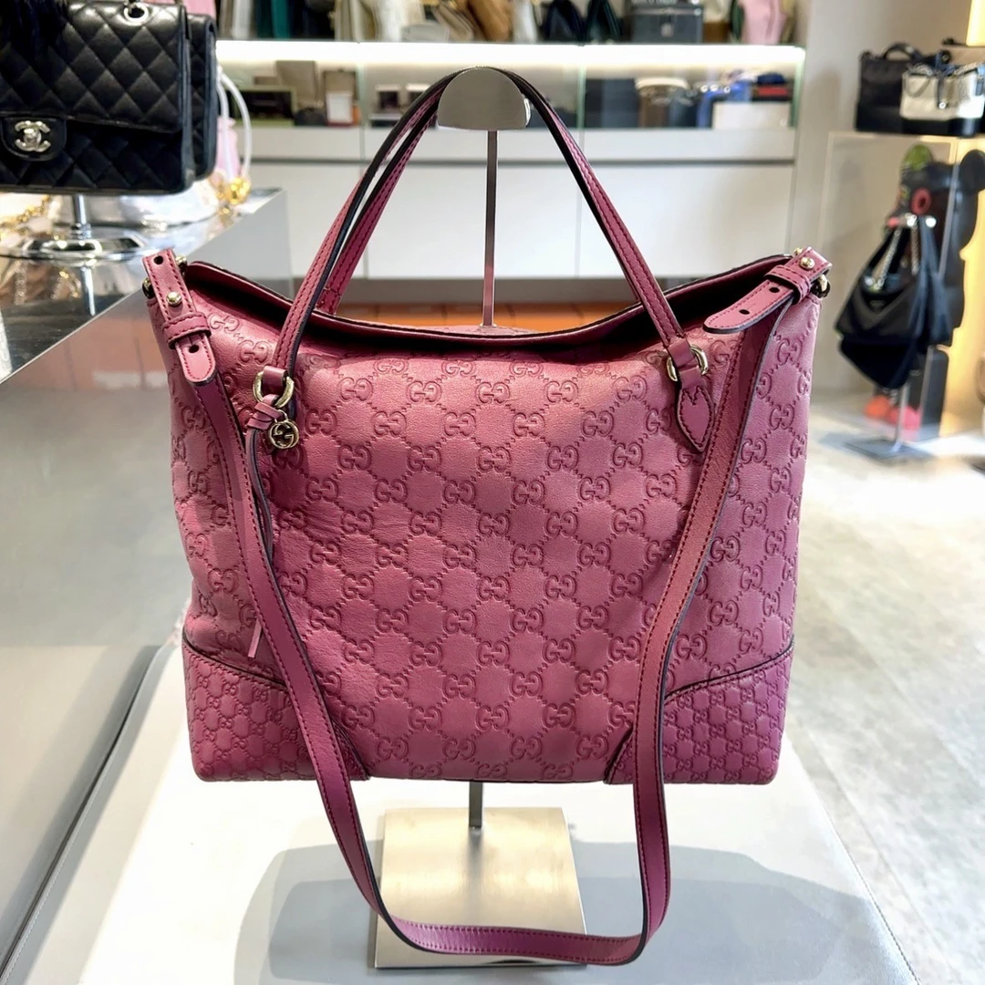 95新 GUCCI/古驰 全牛皮logo玫红色手提斜挎包 复古感十足