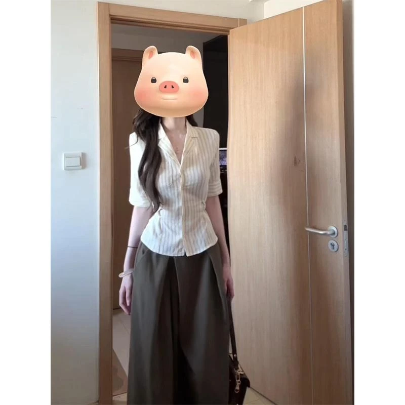 MARIE.COCO设计感条纹短袖衬衫上衣女高腰垂感宽松显瘦阔腿裤套装
