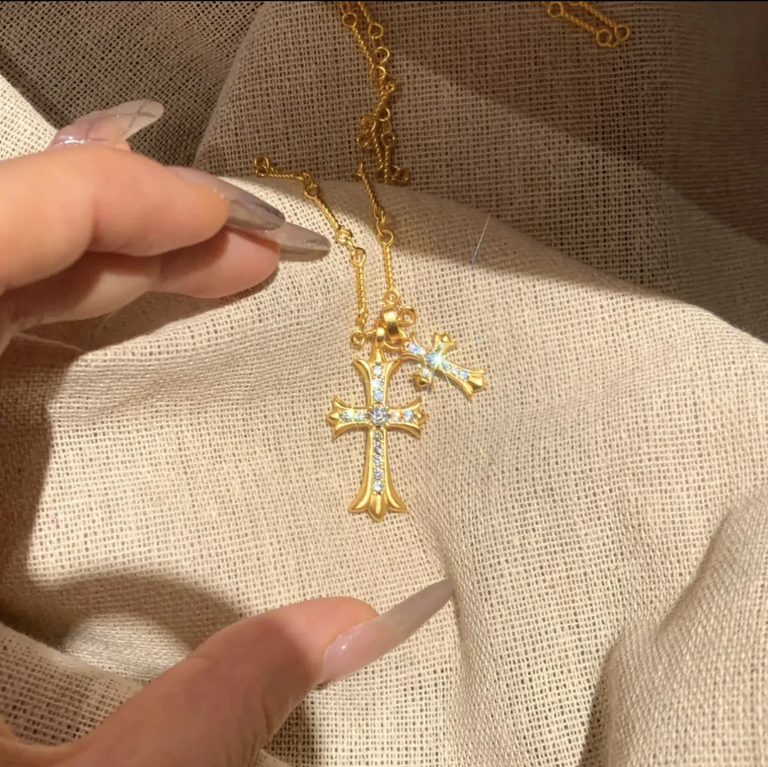 铜合金项链 爆闪双十字架吊坠项链女新款轻奢小众锁骨毛衣链