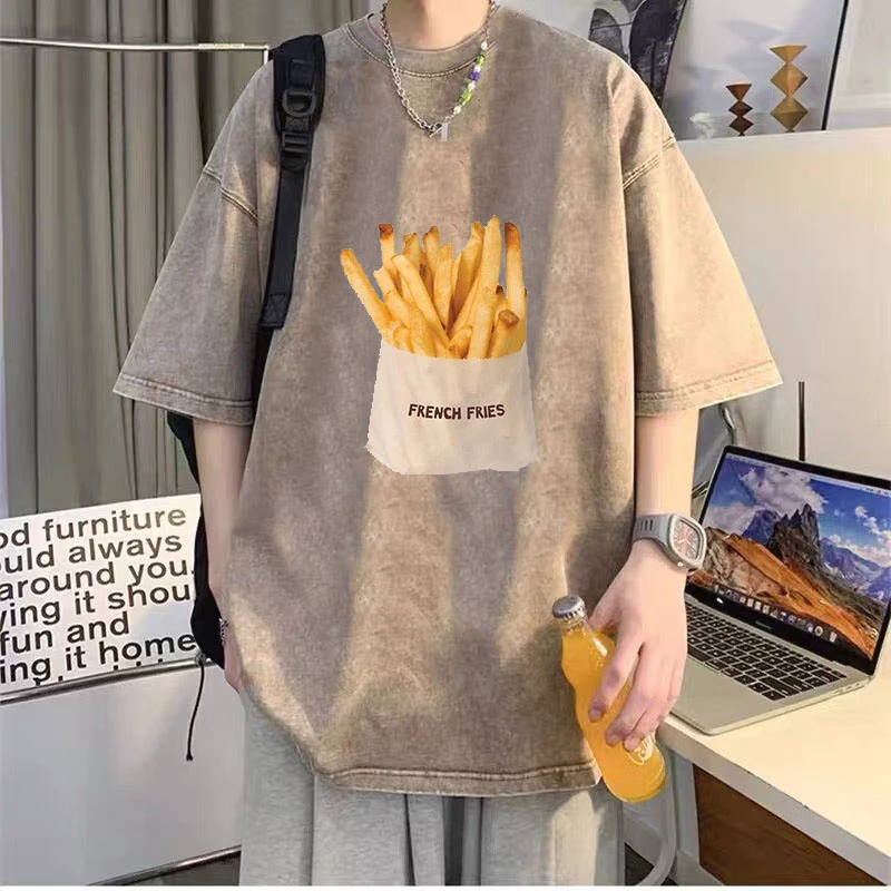 纯棉美式复古短袖t恤男薯条印花2025夏设计感宽松百搭上衣ins潮