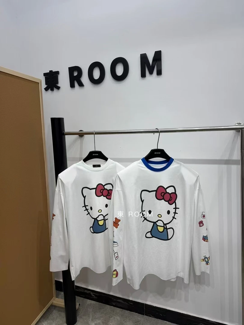 【東Room2025】春季新款卡通蝴蝶结KT猫长袖T恤打底圆领重工休闲款