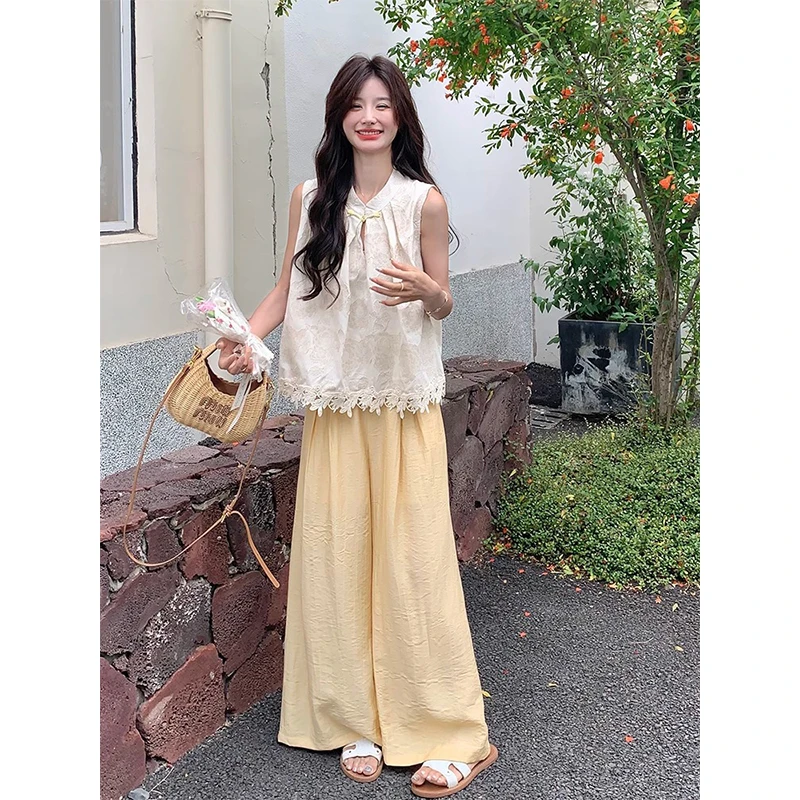 韩系提花镂空无袖上衣直筒阔腿长裤套装女2025新款休闲减龄两件套