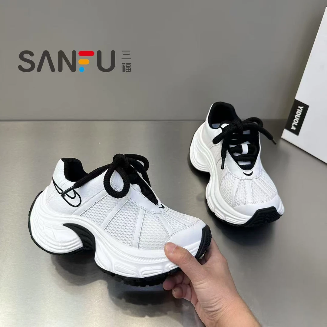 三福厚底老爹鞋女2025新款擦色系带网面休闲鞋百搭显小透气运动鞋