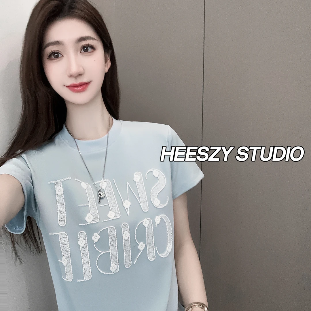 2025夏季花朵字母修身T恤显瘦时尚休闲百搭设计感圆领短袖