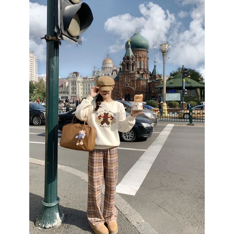 清 FF BLUE 知识分子 复古格子直筒裤磨毛加厚百搭撞色阔腿裤女