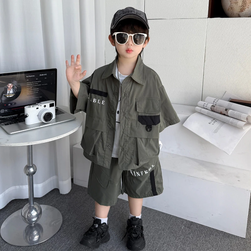 男童套装夏季2025新款韩版儿童工装短袖衬衫短裤两件套男孩夏装